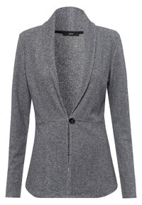 Blazer gris en tissu texturé, doté d'un col châle, d'une fermeture à un bouton et d'une silhouette ajustée avec des manches longues.