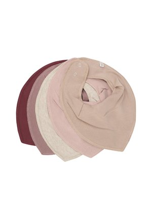 Set aus fünf Bandana-Lätzchen in den Farbtönen Burgunderrot, Rosa und Beige, gefertigt aus weichem Stoff mit strukturierter Oberfläche, ausgestattet mit Druckknopfverschlüssen.
