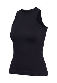 Canottiera nera a costine con scollatura rotonda, design senza maniche e silhouette aderente. Texture liscia con una vita resistente.