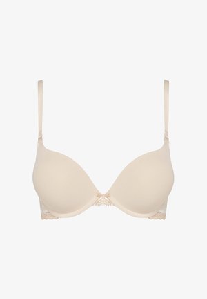 Beige gepolsterter Bh mit Spitze an den Seiten, verstellbaren Trägern und einer kleinen Schleifendekoration in der Mitte. Glatte Stofftextur.