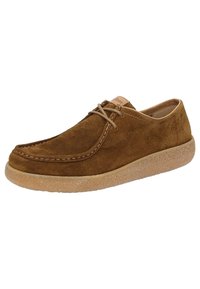 Braune Wildlederschuhe für den Alltag mit runder Spitze, Schnürdesign und einer strukturierten Gummisohle. Merkmale sind die Naht entlang der Kanten und das weiche Innere.