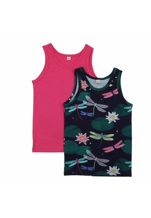Two sleeveless children's tops, one solid pink and one dark with colorful dragonfly and water lily print.