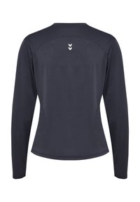 Koszula z długim rękawem w ciemnym granacie, z teksturowanej tkaniny, zaokrąglonym dołem i białym detalem w zygzak na górnej części pleców.