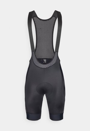 Sorte cykel bibshorts med mesh rygpanel, der har et polstret sædeområde og elastiske benafslutninger for komfort og pasform.