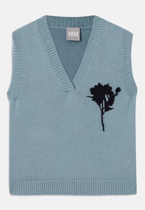 Blue knitted sleeveless sweater with a V-neck, featuring a black floral embroidery on the front. Ribbed neckline and hem.
