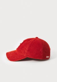Casquette de baseball en velours côtelé rouge avec une visière incurvée et un logo brodé sur le côté. Présente une surface texturée et une sangle arrière ajustable.