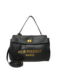 Borsa a tracolla in pelle nera con manico superiore e tracolla removibile. Presenta una scritta dorata: "RUE MADAM PARIS" e un gancio in metallo dorato.