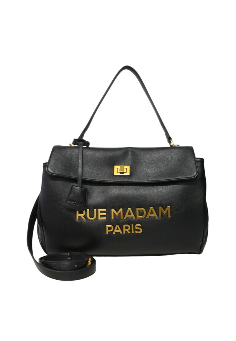 Borsa a tracolla in pelle nera con manico superiore e tracolla removibile. Presenta una scritta dorata: "RUE MADAM PARIS" e un gancio in metallo dorato.