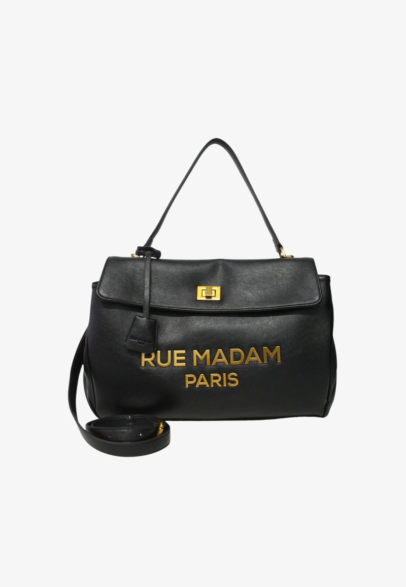 Borsa a tracolla in pelle nera con manico superiore e tracolla removibile. Presenta una scritta dorata: "RUE MADAM PARIS" e un gancio in metallo dorato.