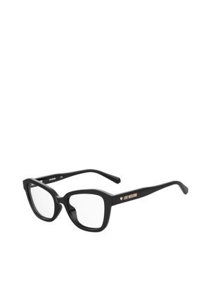 Occhiali con montatura rettangolare nera e lenti trasparenti. Presentano dettagli del logo dorato sulle aste. Realizzati in plastica con una finitura liscia.