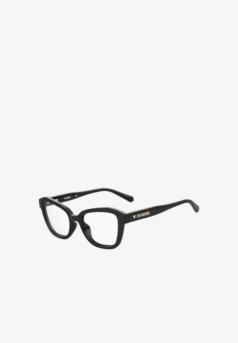 Occhiali con montatura rettangolare nera e lenti trasparenti. Presentano dettagli del logo dorato sulle aste. Realizzati in plastica con una finitura liscia.