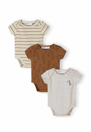 Trzy niemowlęce body z krótkim rękawem: beżowe w brązowe paski, brązowe z nadrukami żyraf, oraz jasnoszare z małą żyrafą i napisem „hello”.