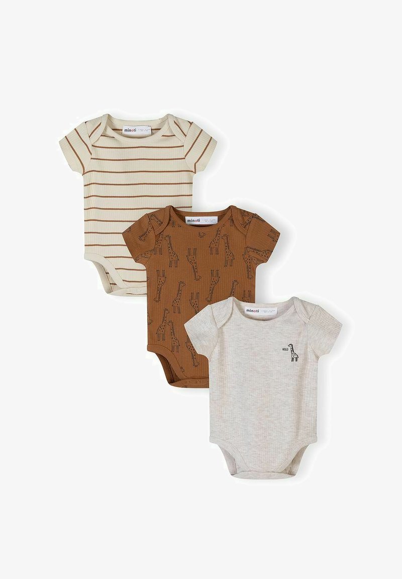 Trois bodies pour bébé à manches courtes : beige à rayures brunes, brun avec imprimés de girafes, et gris clair avec une petite girafe et le texte "bonjour".