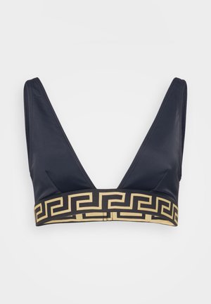 Jūros jėgos bikini viršus su giliu V formos iškirpimu, plačiomis petnešėlėmis ir auksiniu graikų raktų raštu ant juostos. Lygus, ištempiamas audinys visame produkto plote.