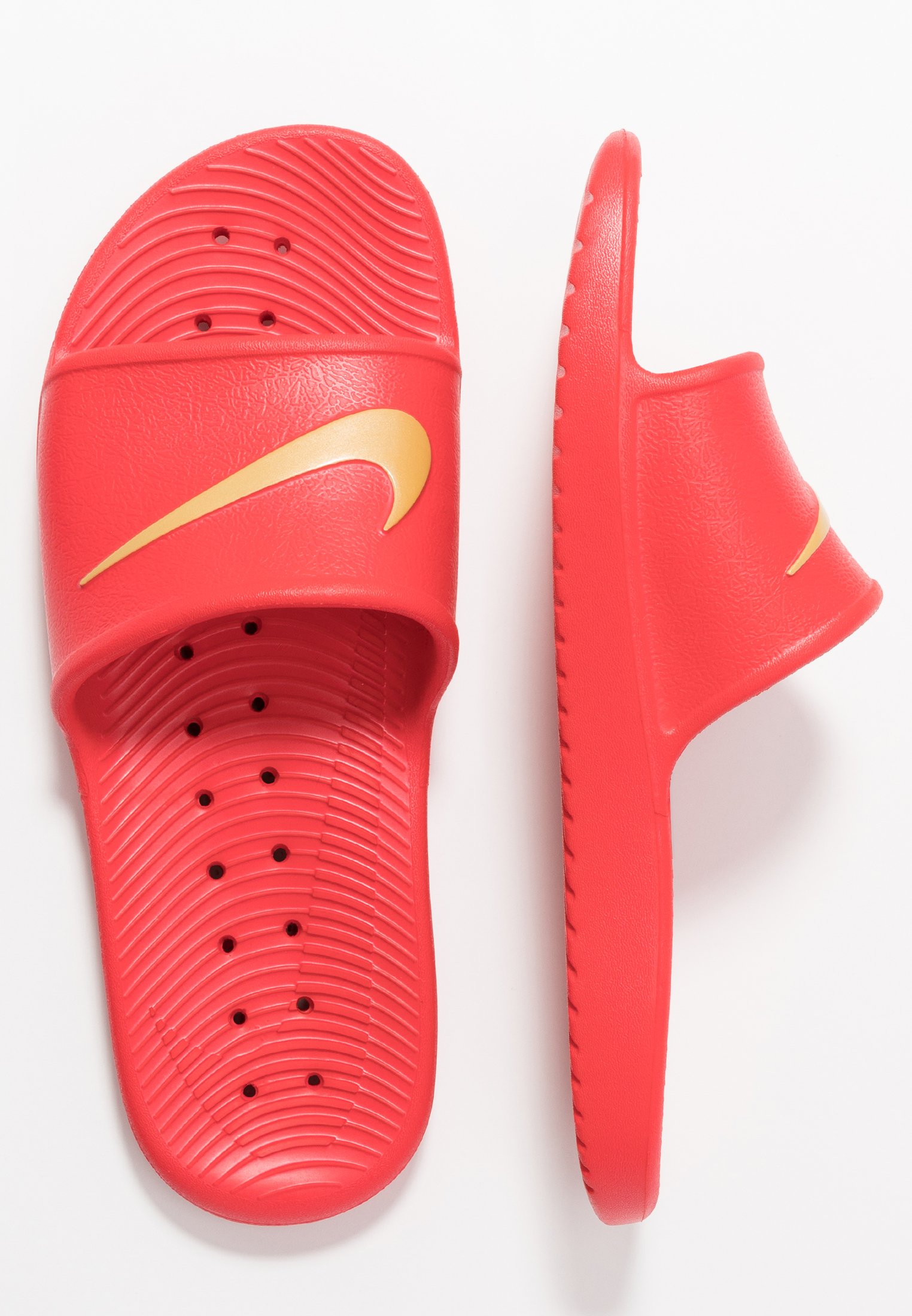 gold and red nike slides