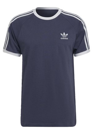 Marineblauw Adidas T-shirt met witte accenten, ronde hals en drie witte strepen op de mouwen; met het iconische trefoil-logo op de borst.