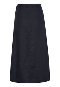 Dark navy, knee-length A-line skirt made of linen. Features a waistband with a single button and a smooth texture. Simple, clean design.