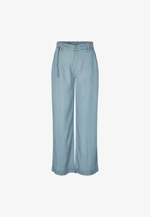 Hellblaue, weit geschnittene Jeanshose mit elastischem Bund, Kordelzug und ohne sichtbare Taschen; glatte Textur und gerade Form.