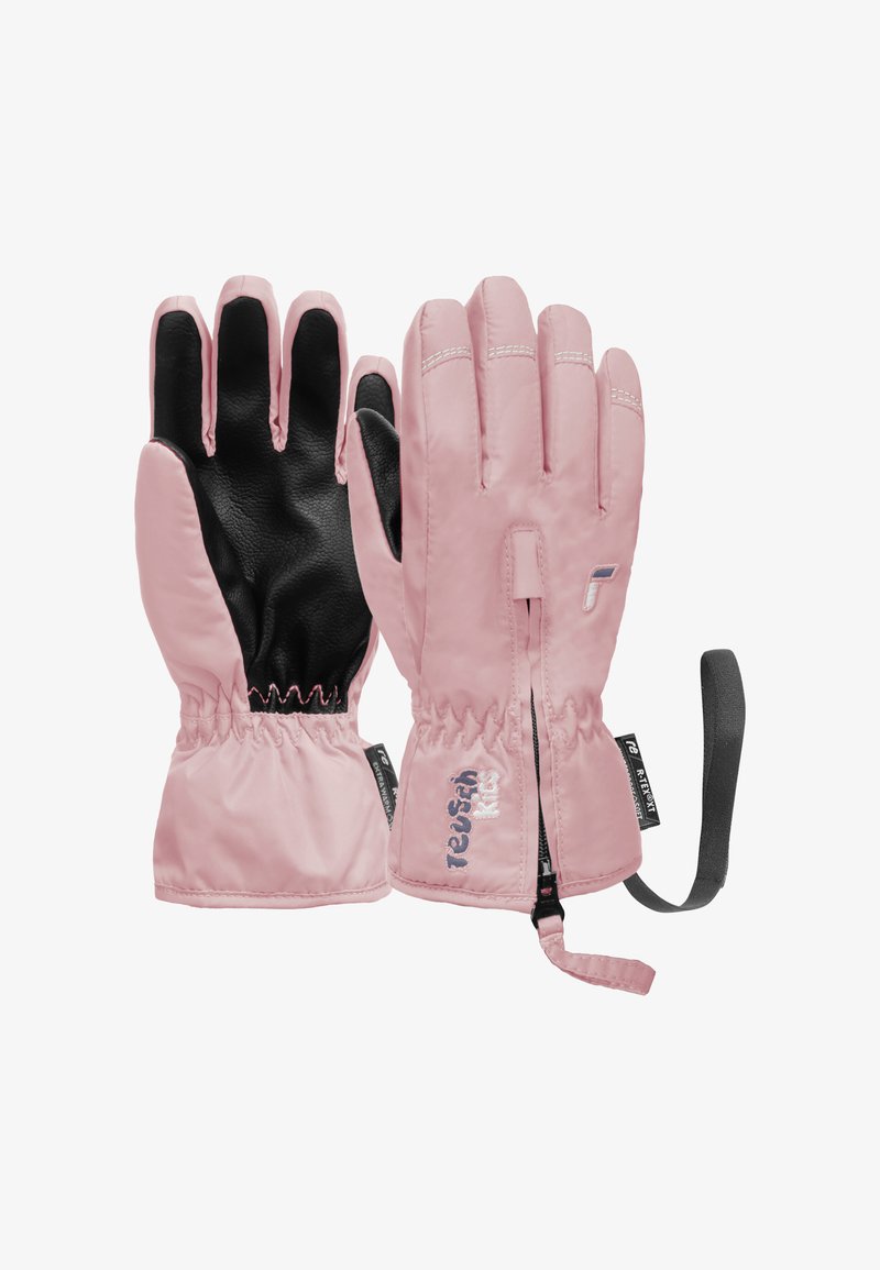 Kinder-Winterhandschuhe in Pink mit schwarzen Handflächen, elastischen Bündchen, einem Reißverschluss auf der Rückseite und einem schwarzen Handgelenkband.