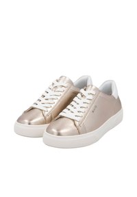 Metallic gold sneakers with white laces and a contrasting white heel. Smooth leather texture, rounded toe, and rubber soles.