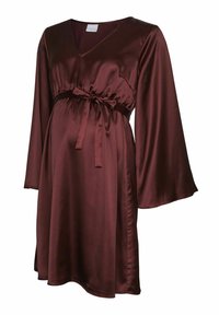 Burgundijska satinirana trudnoćnička haljina s V-izrezom, elastičnom strukom i dugim zvonastim rukavima. Povez oko struka stvara elegantan oblik.