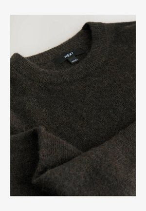 Brown sweater made from a fuzzy texture, featuring a ribbed crew neck and the brand label "NEXT" on the inside collar.