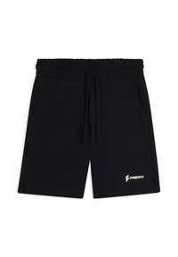 Bermudas de algodón negras con cinturilla elástica, cordón ajustable, bolsillos laterales y un pequeño logotipo blanco "Freddy" en la parte inferior de la pierna izquierda.