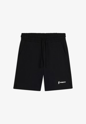Bermudas de algodón negras con cinturilla elástica, cordón ajustable, bolsillos laterales y un pequeño logotipo blanco "Freddy" en la parte inferior de la pierna izquierda.