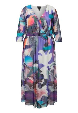 Wickelkleid aus leichtem Stoff mit einem bunten Blumenmuster in lila, pink, grün und blauen Farbtönen. Knielang mit drei Viertelärmeln.