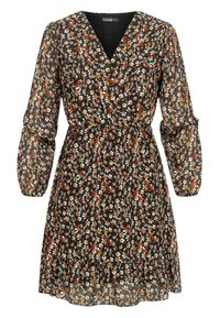 Floral dress with a black background, featuring white, orange, and green patterns. Long puffed sleeves, V-neckline, and ruffled hem.