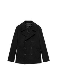 Cappotto nero doppiopetto realizzato in un tessuto texturizzato, con colletto a rever, due tasche anteriori e chiusura a bottoni.