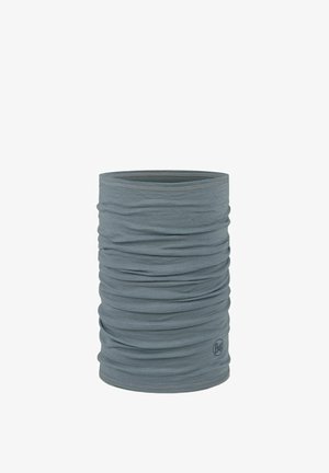 Gray multifunctional neck gaiter made of lightweight fabric, featuring a gathered texture and smooth edges, with a logo on the bottom.