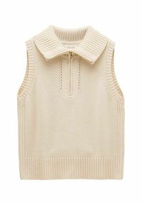 Beige ärmelloses Stricktop mit einem gerippten Kragen, einem Viertelreißverschluss vorne und strukturierten Details entlang der Seiten und dem Saum.