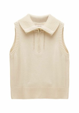 Beige ärmelloses Stricktop mit einem gerippten Kragen, einem Viertelreißverschluss vorne und strukturierten Details entlang der Seiten und dem Saum.