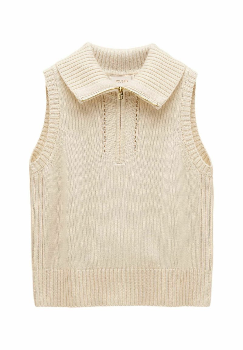 Beige ärmelloses Stricktop mit einem gerippten Kragen, einem Viertelreißverschluss vorne und strukturierten Details entlang der Seiten und dem Saum.