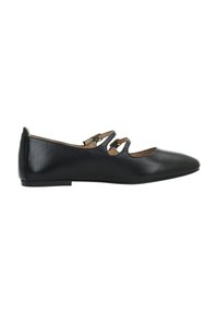 Zwarte leren ballet flats met een ronde neus, twee decoratieve bandjes op de bovenkant en een lage zool. Glad afwerking zonder zichtbare patronen.