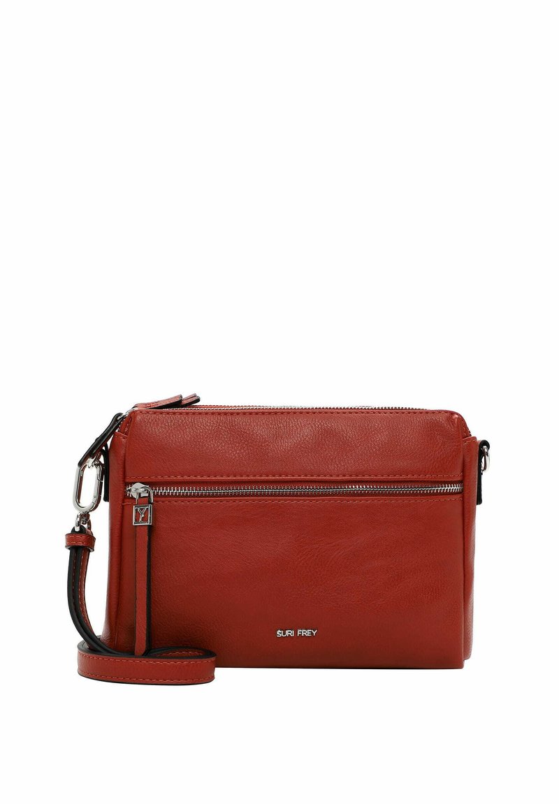 Red leather crossbody bag with silver hardware, zippered compartments, and a detachable strap. Smooth texture with a subtle sheen.