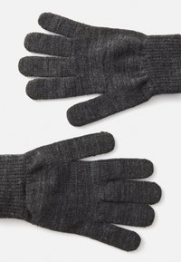 Gants en tricot gris foncé avec un poignet côtelé, comportant des sections distinctes pour les doigts et une surface texturée pour une meilleure prise et chaleur.