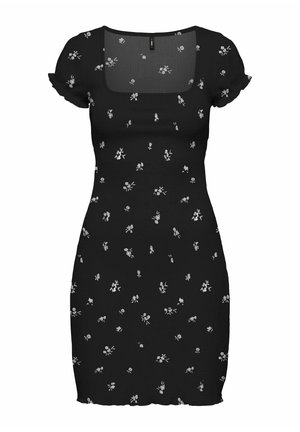 Čierne priliehavé šaty s krátkym rukávom, štvorcovým výstrihom a malým bielym kvetinovým vzorom po celej látke.