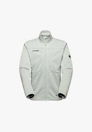 Giacca softshell grigia chiara con colletto alto, chiusura a zip, due tasche frontali e dettaglio del logo. Realizzata in un materiale liscio ed elastico.