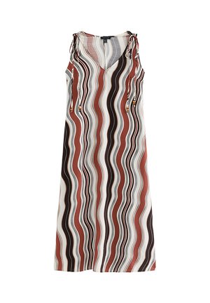 Mouwloze lange jurk met V-hals en verstelbare zijkanten met strik, met verticale golvende strepen in bruin, zwart, wit en beige tinten.