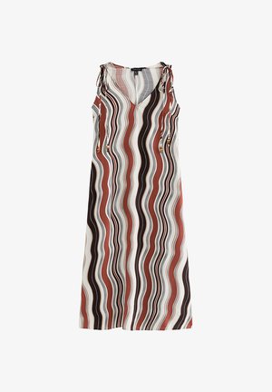 Długa sukienka bez rękawów z dekoltem w serek i regulowanymi wiązaniami po bokach, ozdobiona pionowymi falującymi paskami w odcieniach brązu, czerni, bieli i beżu.