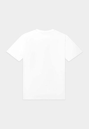 White cotton t-shirt, short sleeves, crew neck design, plain back with no patterns or graphics, soft texture, standard fit.