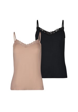 Dos camisetas de mujer, una beige y otra negra, ambas con ribete de encaje a lo largo del escote y tirantes delgados.