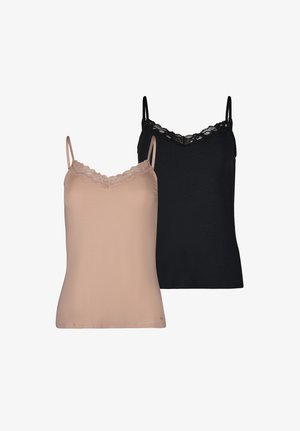 Zwei Damen-Camisoles, eine beige und eine schwarz, beide mit Spitzenbesatz entlang des Ausschnitts und dünnen Trägern.