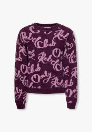 Suéter morado de felpa con un patrón de texto en estilo de script repetitivo en rosa claro que dice "Only", mangas largas, cuello redondo y puños acanalados.