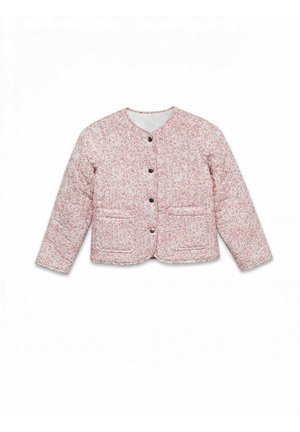 Ružová a biela bodkovaná prešívaná bunda s okrúhlym výstrihom, zapínaním na cvoky, dlhými rukávmi a dvoma prednými vreckami.