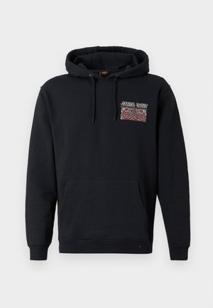 Black hoodie made of cotton, featuring a front pocket, drawstring hood, and a colorful graphic patch on the left chest area.