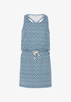 Blå mønstret kjole med rund halsudskæring, ærmeløs design, snor i taljen og rosa detaljer med et diamantmotiv over stoffet.
