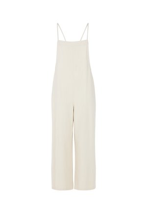 Beige, knielange overall gemaakt van zachte stof, met dunne verstelbare bandjes en een eenvoudig recht ontwerp zonder versieringen.